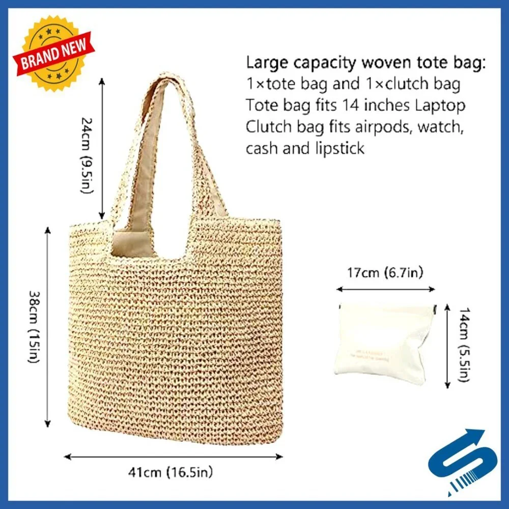 Large Woven Straw Tote Bag Summer Beach Travel Shoulder Handbag Boho Chic